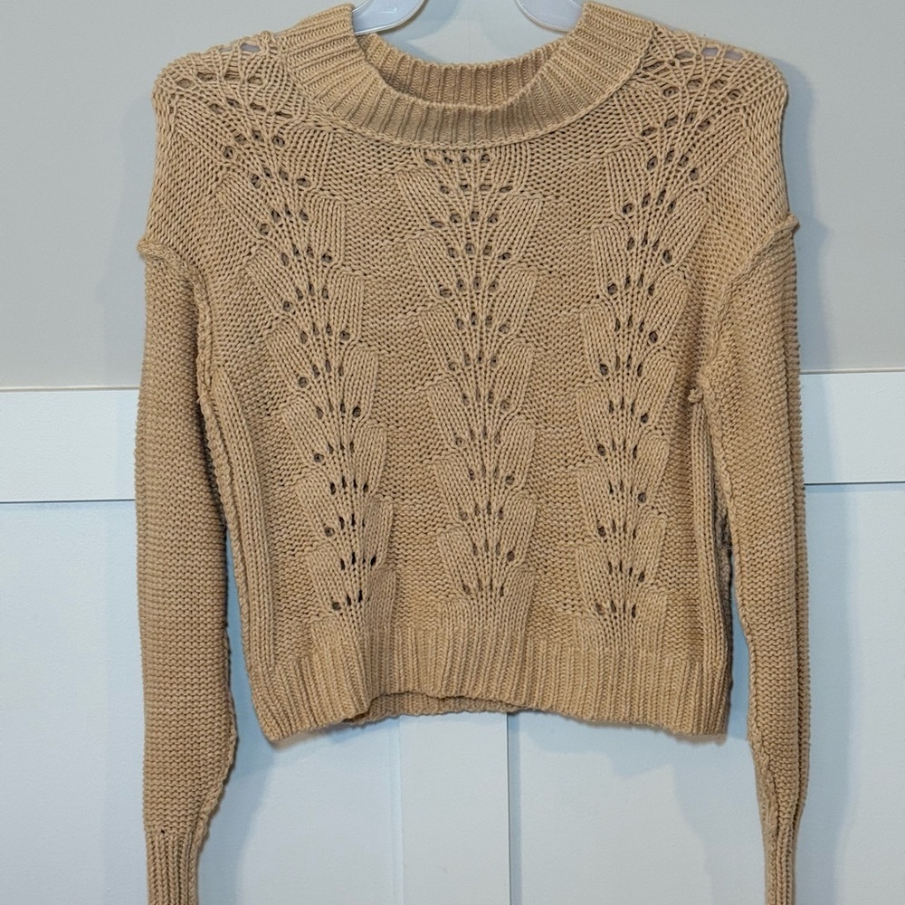 Free People Tan Knit Sweater XS Boho Open Stitch Pullover